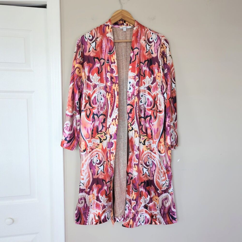 Chico's Satin Kimono Pink Red Bright Printed Duster Jacket Size 3/XL Statement